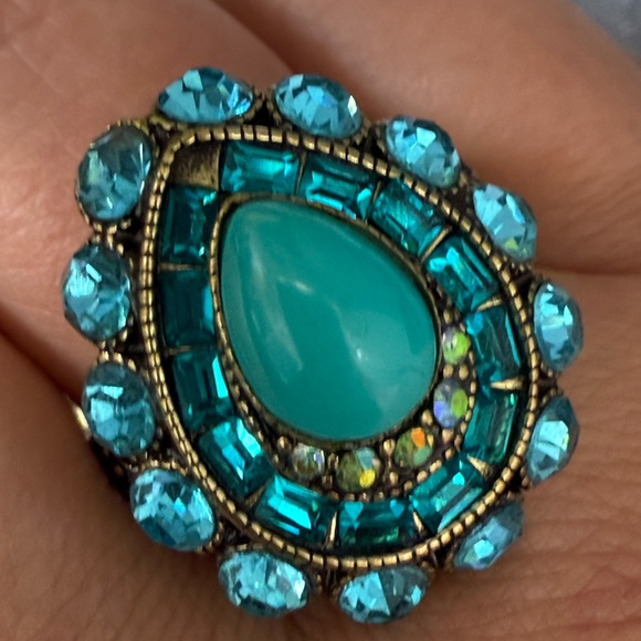 Lot Heidi Daus Teal Blue Crystal Enamel Enhancer Pendant Beaded Necklace & Ring - Picture 15 of 16